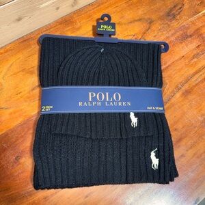 NEW Polo Ralph Lauren Wool Blend Knit Scarf & Beanie Hat Set Black w/ White Pony